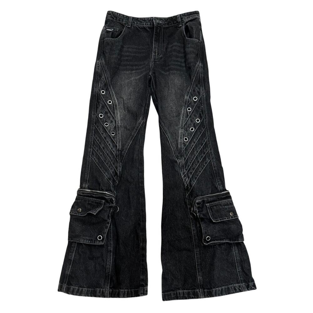 Minga London Crush Black Baggy Cargo Flare Jeans Goth Y2K Alt Black Denim 26